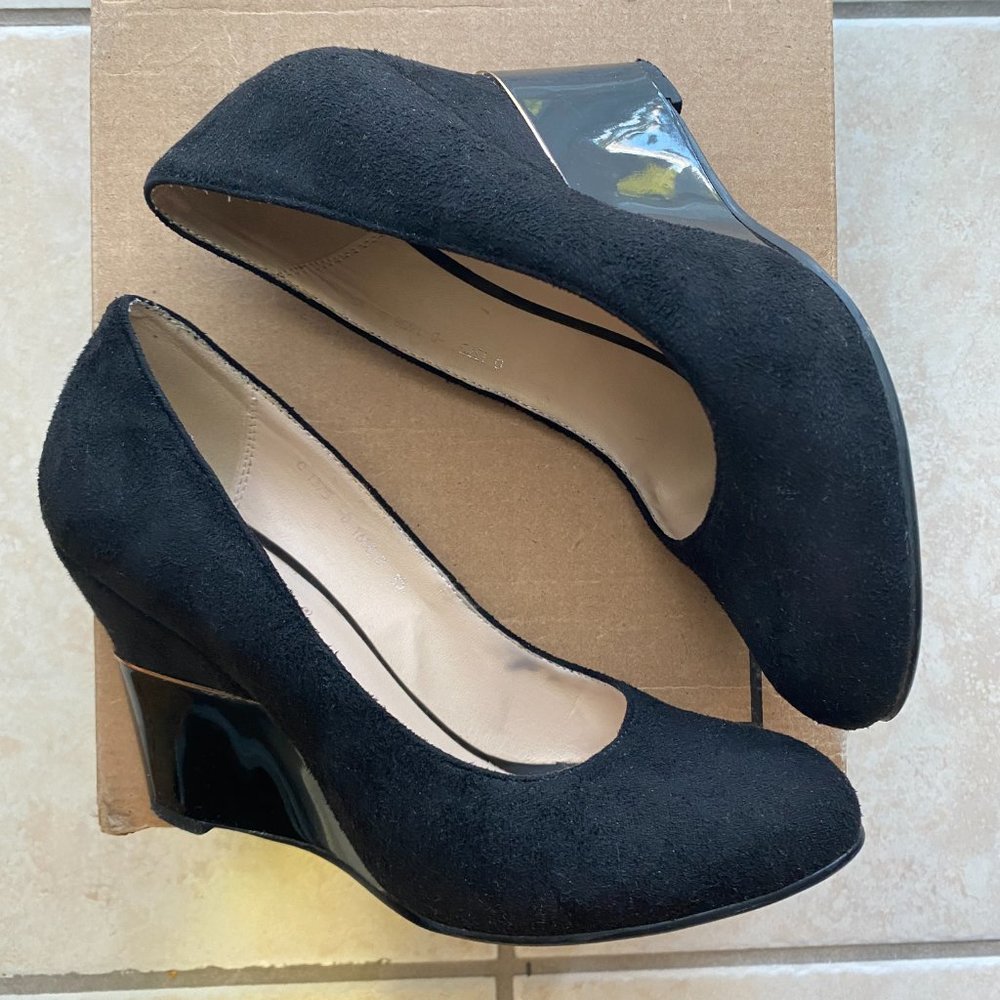 Spagna Black Suede Classic High Heels Posie Wedges Pumps Closed Round Toe Size 5 - Picture 7 of 10